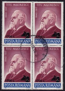 Romania - 2000 - Scott #4358 - used block of 4 - Titu Maiorescu Surcharge