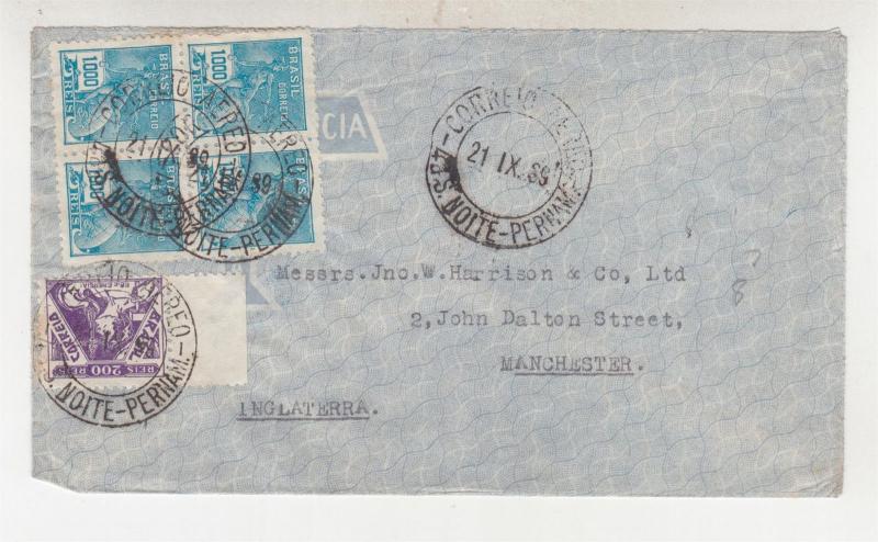 BRAZIL, 1939 Airmail cover, 200r., 100r. block of 4, Pernambuco to GB