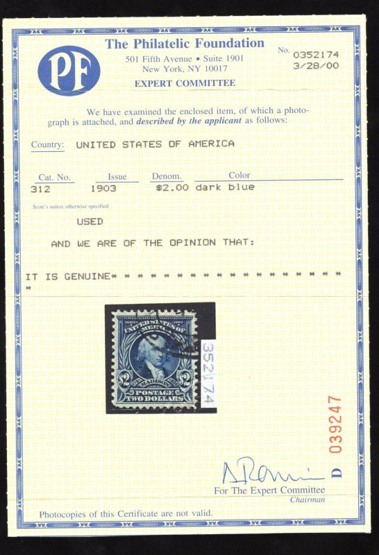 MOMEN: US STAMPS #312 USED VF/XF PF CERT LOT #78209