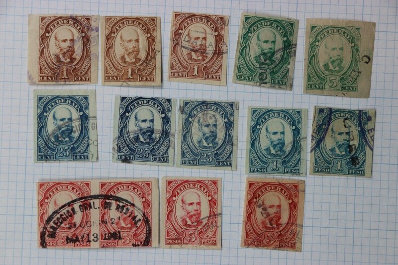 Mexico Revenue Timbre 1900-1901 set up to 5p peso color shade variety pair used