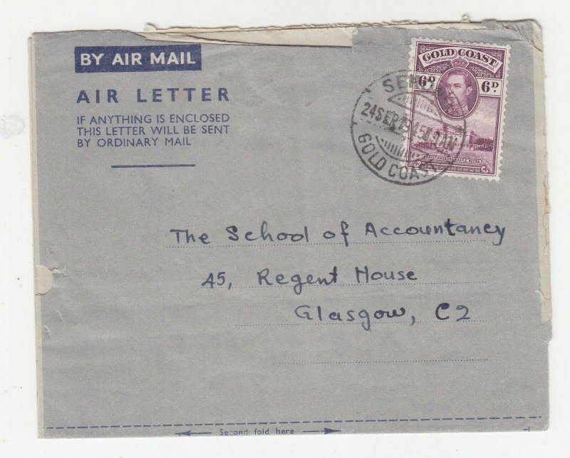 GOLD COAST, 1945 KGVI 6d. on Air Letter, SEKONDI cds. to Scotland.