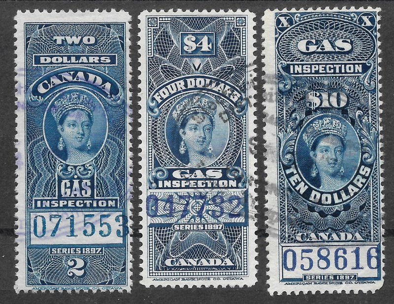 Doyle's_Stamps: 1897 Series Canadian Gas Inspection Revenue $2, $4, & $10 Stamps