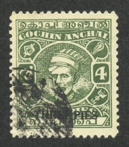 India-Cochin Scott 71 Used LH - 1948 3p on 4p Surcharged