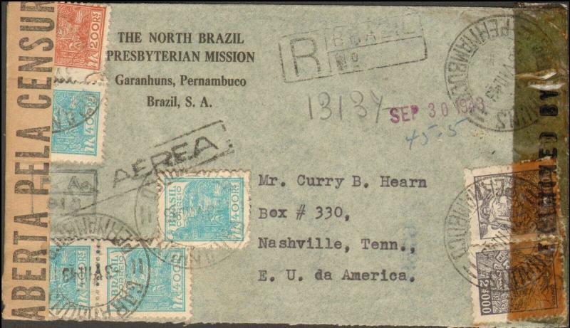 BRAZIL 1943 REGISTERED  MULTI STAMP TO UNITED STATES + MULTI CENSOR TAPES