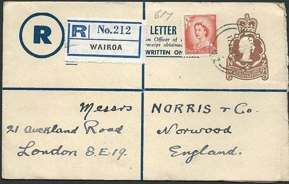 NEW ZEALAND 1957 9d registered letter uprated used Wairoa to UK............42566