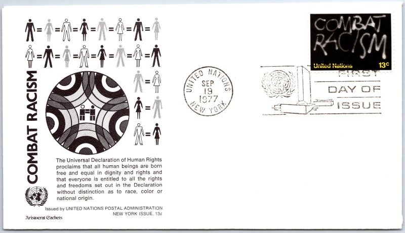 UN UNITED NATIONS FIRST DAY COVER COMBAT RACISIM 1977 CACHET #7