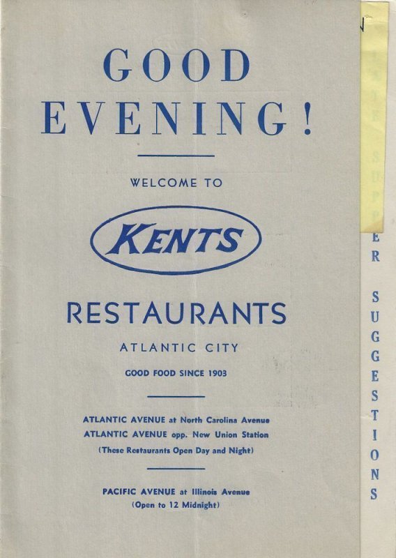 1940s - Kents Restaurants Menu - Atlantic City - Ephemera 1211