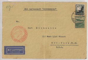 Germany C34/C58 100pf Eagle & globe + 75pf Zeppelin Franked this folded cover sent on the First North American Flight of the Hin