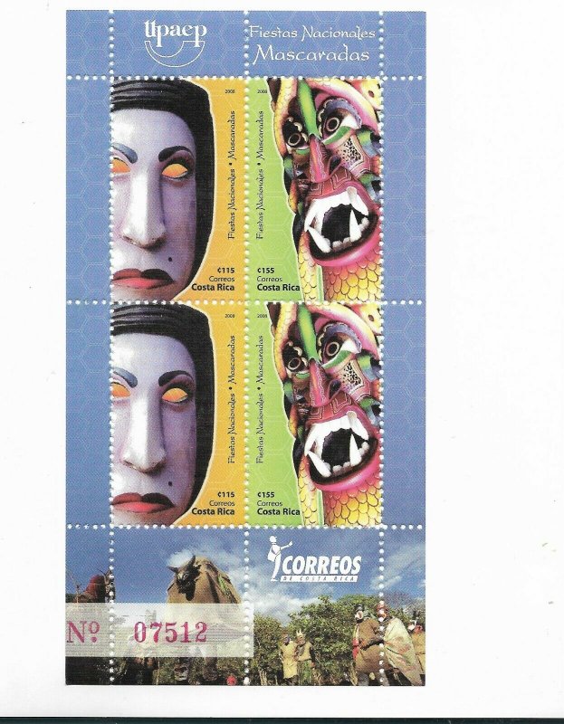 COSTA RICA 2008, AMERICA UPAEP, NATIONAL FESTS, MASK, CARNIVAL, MINISHEET MNH 