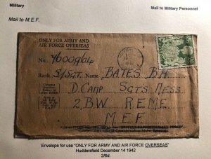 1942 Huddersfield England Army & Air Force Overseas Cover To MIddle East Forces