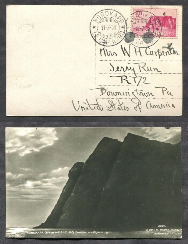 1066 - NORWAY 1938 Nordkapp Stamp on Photo Postcard to USA