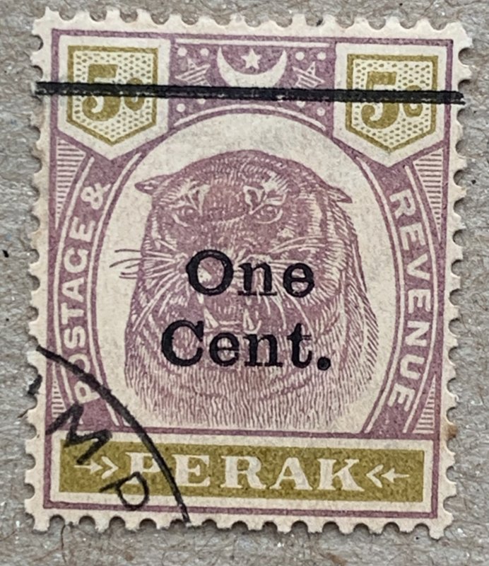 Malaya Perak 1900 1c on 5c Tiger, used. Scott 64, CV $22.50. SG 83