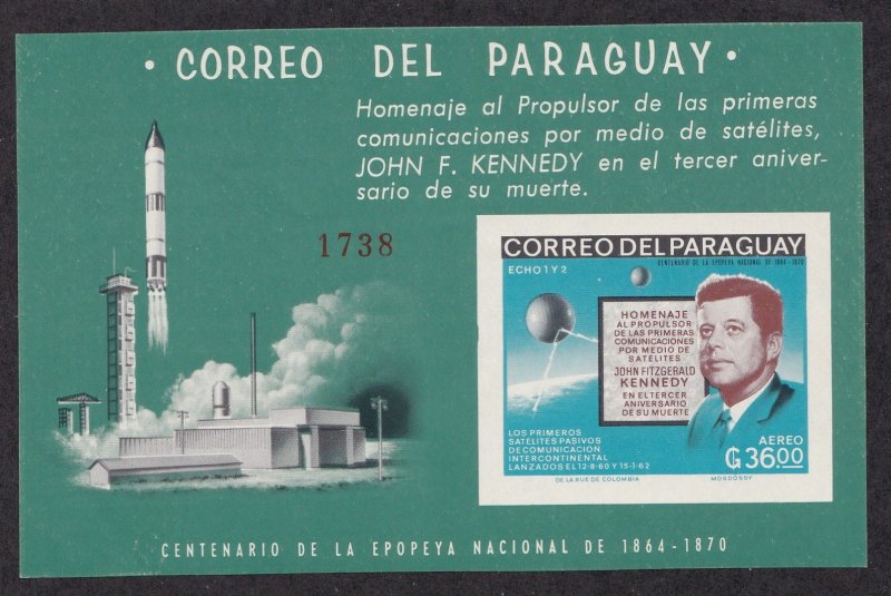 Paraguay # 1001a, John F. Kennedy, Space imperf sheet, NH, 1/2 Cat.