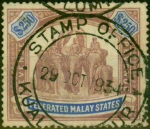 Fed of Malay States 1922 $250 Purple & Ultramarine Revenue BF #12 Fine Used