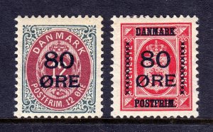 DENMARK — SCOTT 136-137 — 1915 80o SURCHARGE SET — MH — SCV $87