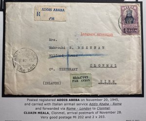 1945 Addis Ababa Ethiopia Wartime Airmail Cover To Clonmel Ireland Via Rome