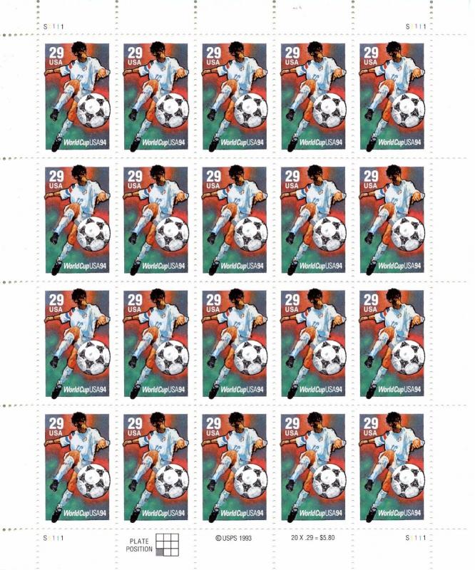 U.S. Scott 2834 1994 29 Cent World Cup Soccer Championship  -  MNH Pane of 20