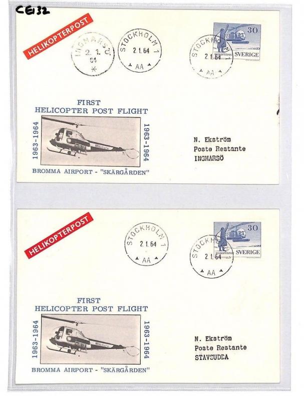 CE132 Sweden *STOCKHOLM* 1964 Helicopter Post Postcard x2