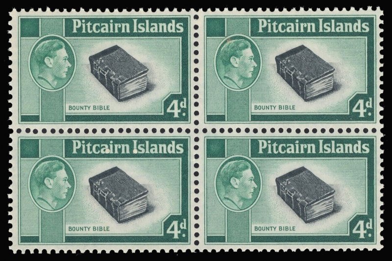 Pitcairn Islands 1951 KGVI 4d black & emerald-green block MNH. SG 5b. Sc 5A.