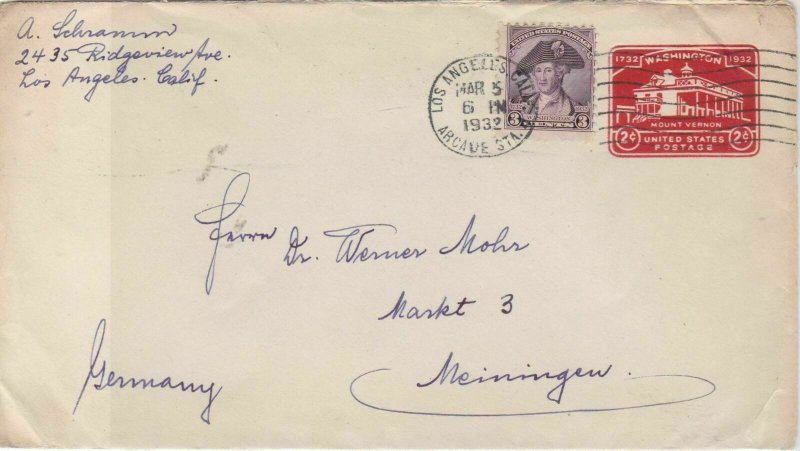 United States 1932 Los Angeles cancel Stamped envelope stamps cover ref 21720