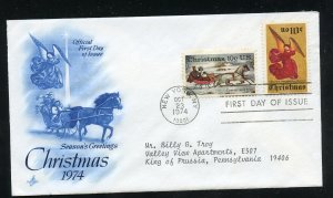 US 1550,1551 Christmas Issue 1974 Addr Artcraft combo cachet FDC