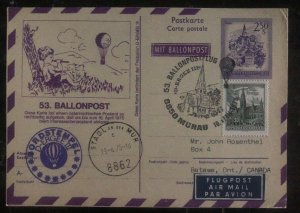 1975 Murau Austria First Day Balloon Airmail FDC Postcard Cover To Batawa Canada