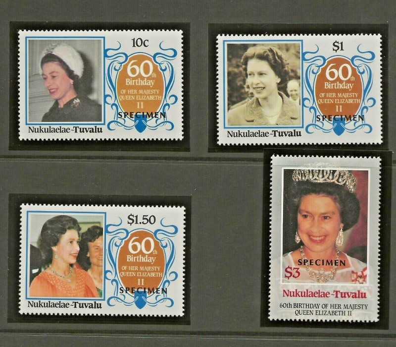 NUKULAELAE-TUVALU 1986 60TH BIRTHDAY QUEEN ELIZABETH,SPECIMEN OVERPRINT SET PERF