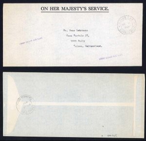 Cayman Islands 1968 stampless OHMS airmail cover to Switzerland STAKE BAY pmk 