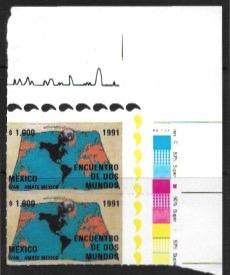 Mexico #1709 MNH Upper right corner block of 2. Encounter of two worlds. 1991