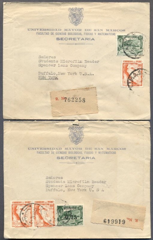 PERU to BUFFALO, NY: Two 1942 Registered Multi-Marking Covers from University