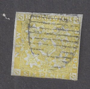CANADA NEW BRUNSWICK # 2 USED 6d OLIVE-YELLOW HERALDIC FLOWERS IMPERF.  BS27841
