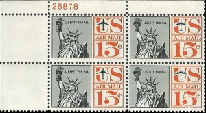 Scott # C63 1961 15c blk & org  Statue of Liberty  Plate Block - Upper Left -...