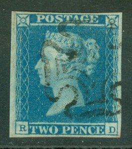 SG 14 1841 2d blue plate 3 lettered RD. Very fine used with a Maltese cross...