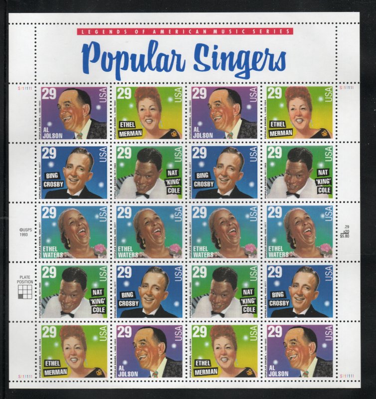 ALLY'S STAMPS US Plate Block Scott #2849-53 29c Popular Singers [20] MNH [P-29]