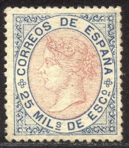 SPAIN #96 Unused VF - 1867 25m Blue & Rose