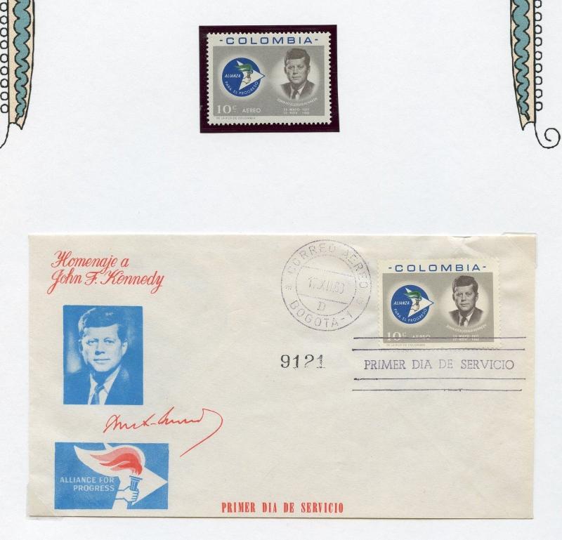 COLOMBIA JOHN  KENNEDY MEMORIAL STAMP ON TWO DIFFERENT FDCS