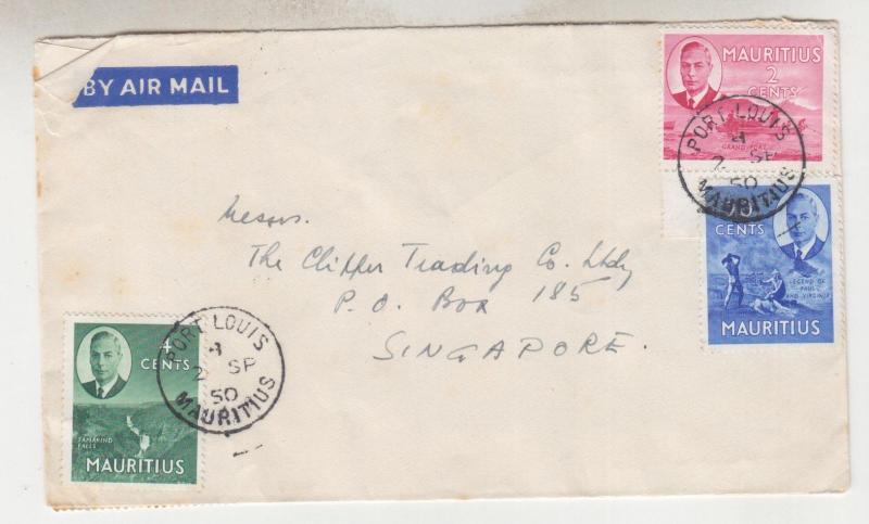 MAURITIUS, 1950 Airmail cover to Singapore, KGVI various to 25c. (10).