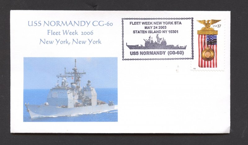 US NAVAL COVER - USS NORMANDY CG-60 - FLEET WEEK NY 2003 - HEBERT ADD-ON CACHET