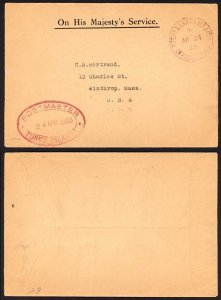 Turks and Caicos 1935 OHMS Paid Handstamp cover