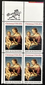 US #2063 MNH VF Zip Block of 4 - Christmas Madonna Raphael 1983 [PB139]