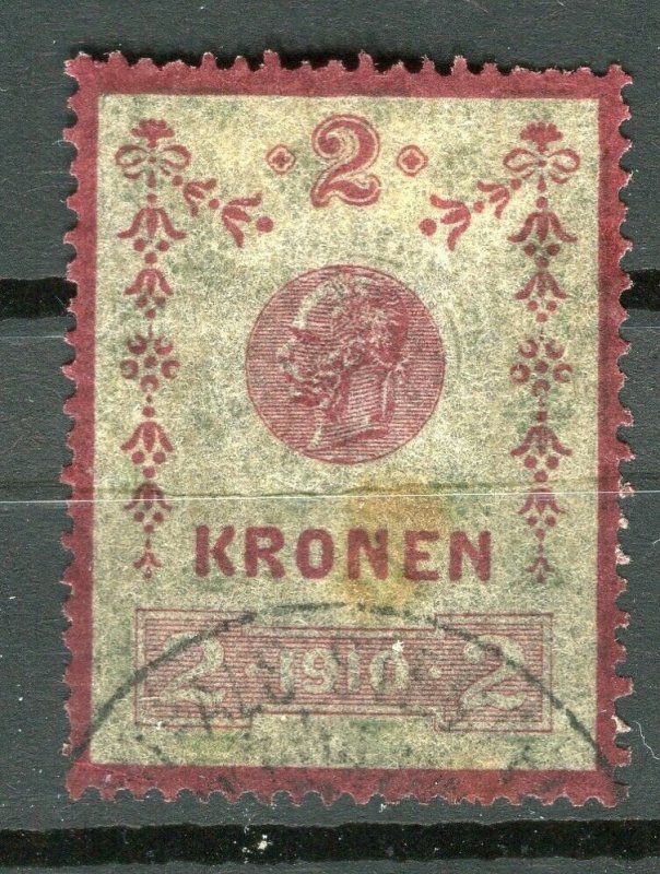 AUSTRIA; 1910 early F. Joseph Revenue issue fine used 2k. value