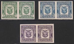 PANAMA 1917 REVENUES PARFUMES TAX 1, 2 1/2, 10 Cents IMPERF PAIRS PROOFS ON CARD 
