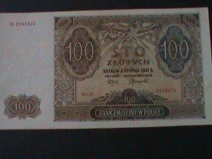 ​POLAND-1941-GERMAN OCCUPATION NOTE- WW II-100 ZLOTYCH-UNC-VF-83YEARS OLD