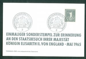 Germany Berlin. 1965. Card Spc.Cancel: Hamburg. Queen Elizabeth I IVisit. Sc#737