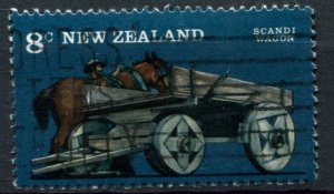 New Zealand Sc#600 Used, 8c dk bl & multi, Vintage Farm Transport (1976)