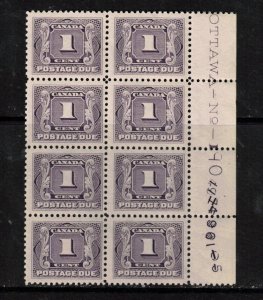Canada #J1 VF/NH Plate #1 Side Block Of Eight With Plate Number Doubling Error