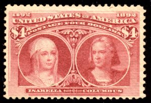 US 244 $4 Columbian Expo 1893 Queen Isabella and Columbus PSAG cert F-VF OG H
