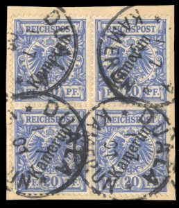 German Colonies, Cameroon #4, 1897 20pf ultramarine, block of four, used on p...