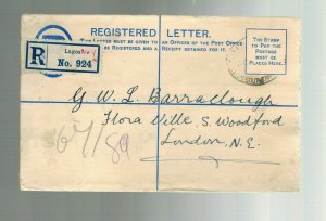 1916 Lagos Nigeria  Registered  Cover to England Postal Stationery Envelope