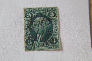 REVENUE : R19a   USED 3  CENT TELEGRAPH -  IMPERFORATE CUT CLOSE